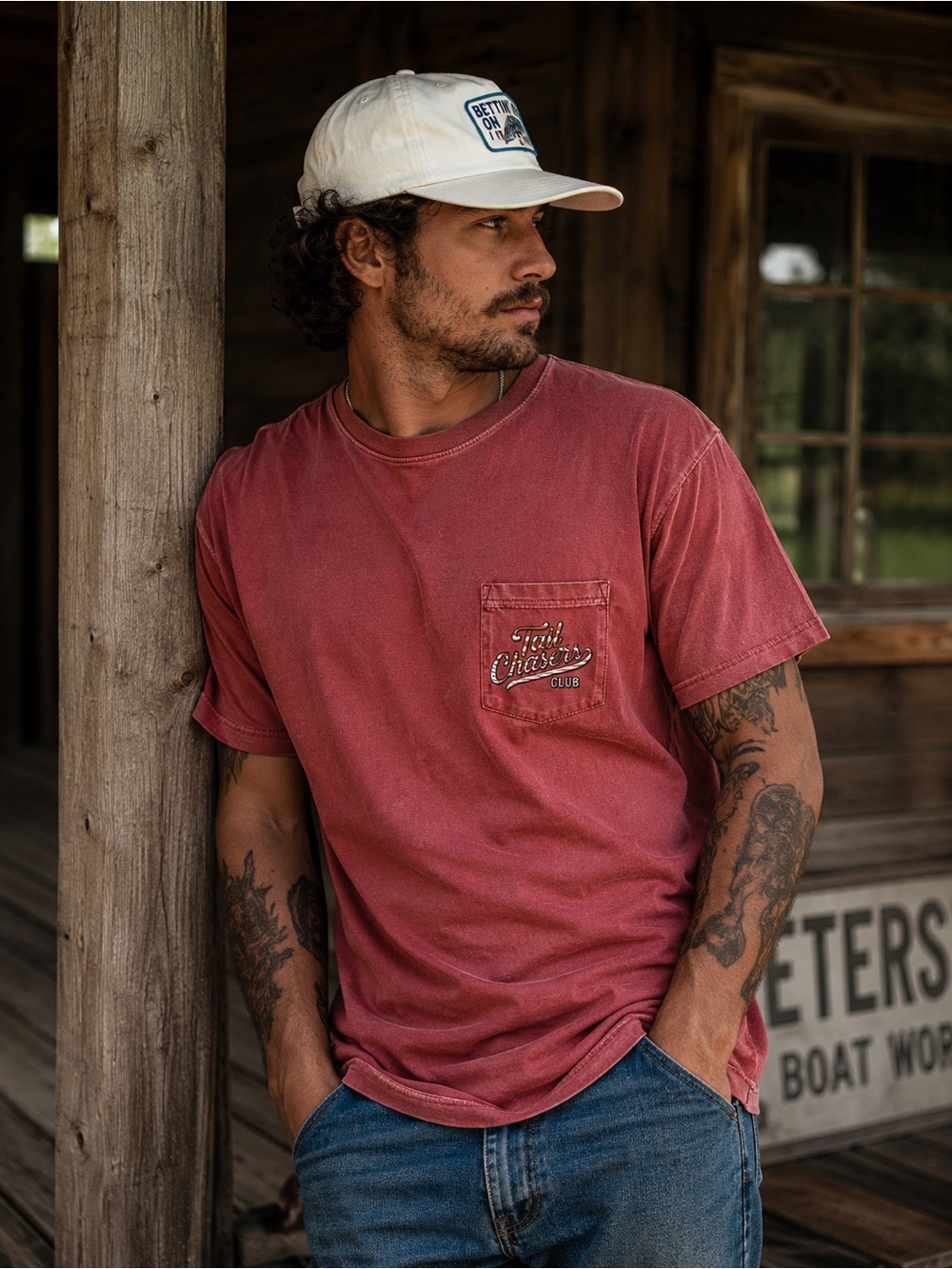 Tail Chasers Club Crimson Washed Vintage Red Bettin’ on Tail Pocket Tshirt